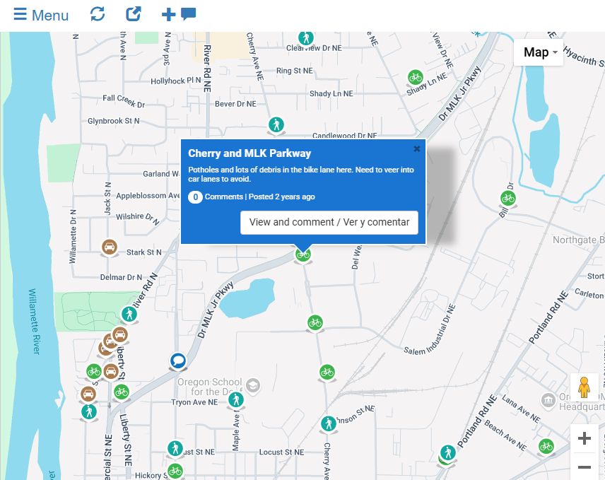 Public-facing interactive map interface with location-based comment markers
